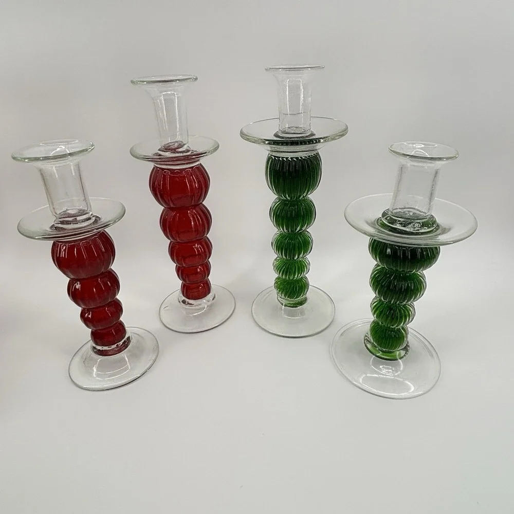 4 Vintage Murano Venetian Handblown Bubble Glass Candleholders Red Green‎